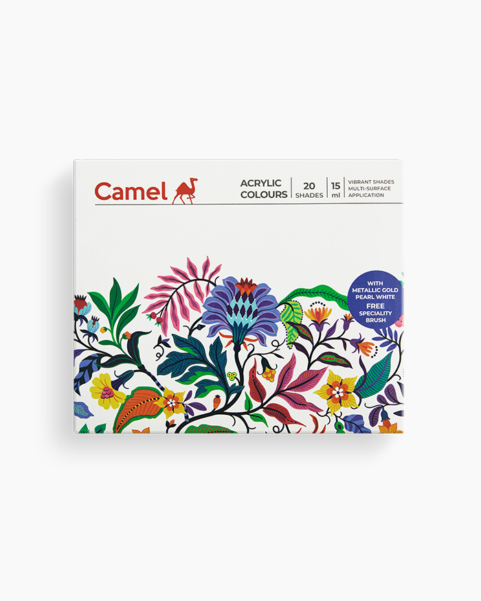 Camel Acrylic Colours Assorted Pack of 20 Shades in 15 ml with Brush, Pearl, and Metallic Ranges